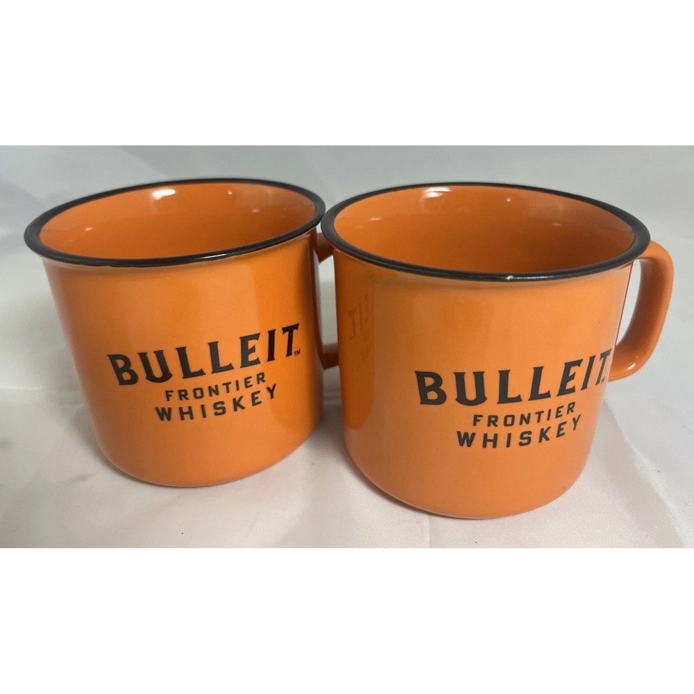 (2)‎ Bulleit Frontier Whiskey Orange Ceramic Campfire Coffee Mug Cup